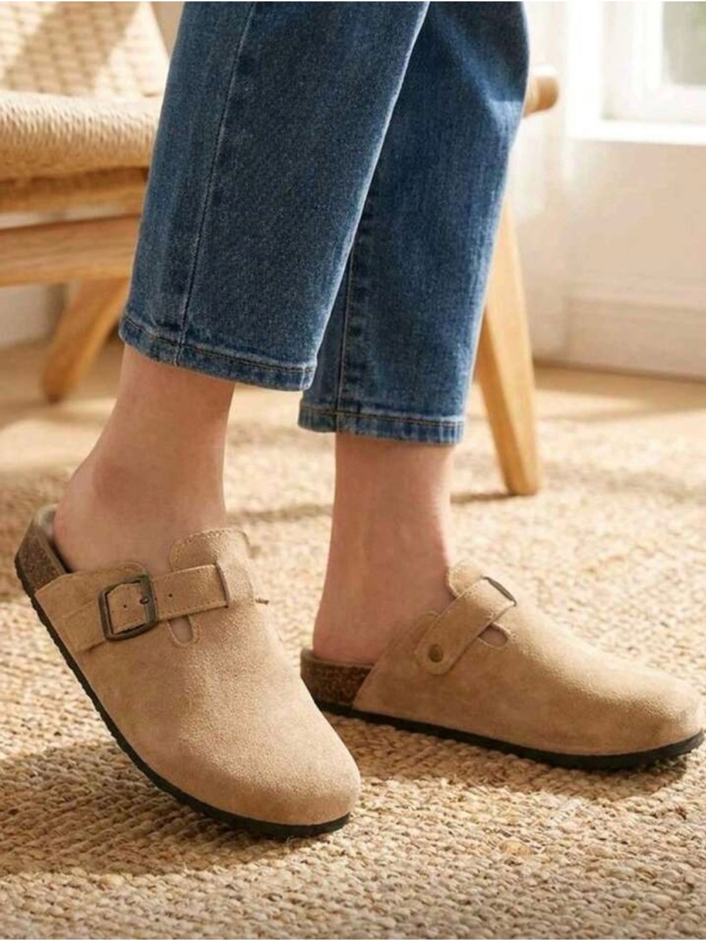 SHEIN Beige Suede Slip-On Clog Mules with Buckle